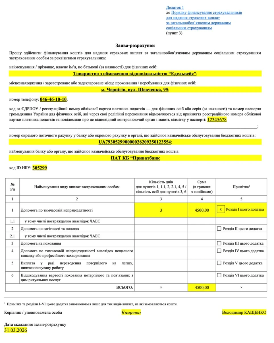 Заява-розрахунок лікарняних: зразок заповнення
