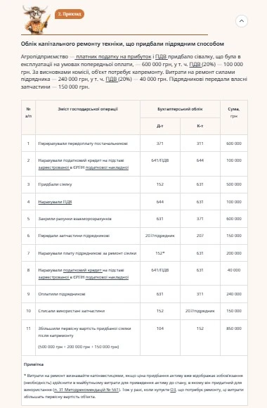 Приклад 2. Облік капітального ремонту техніки, що придбали підрядним способом