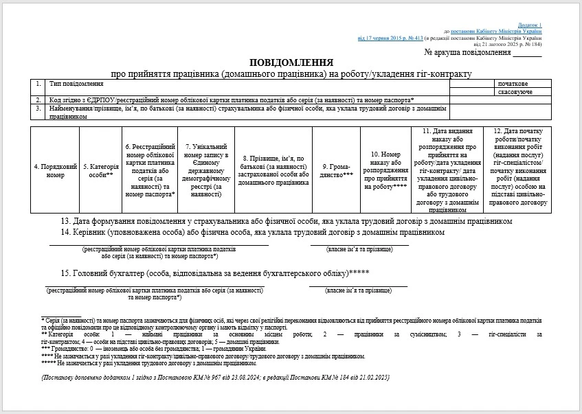 Повідомлення про прийняття на роботу ФОРМА