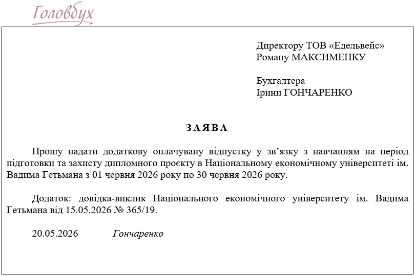 ЗРАЗОК Заяви на відпустку у зв’язку з навчанням Як скласти заяву на відпустку: приклад заповнення + зразок 2026