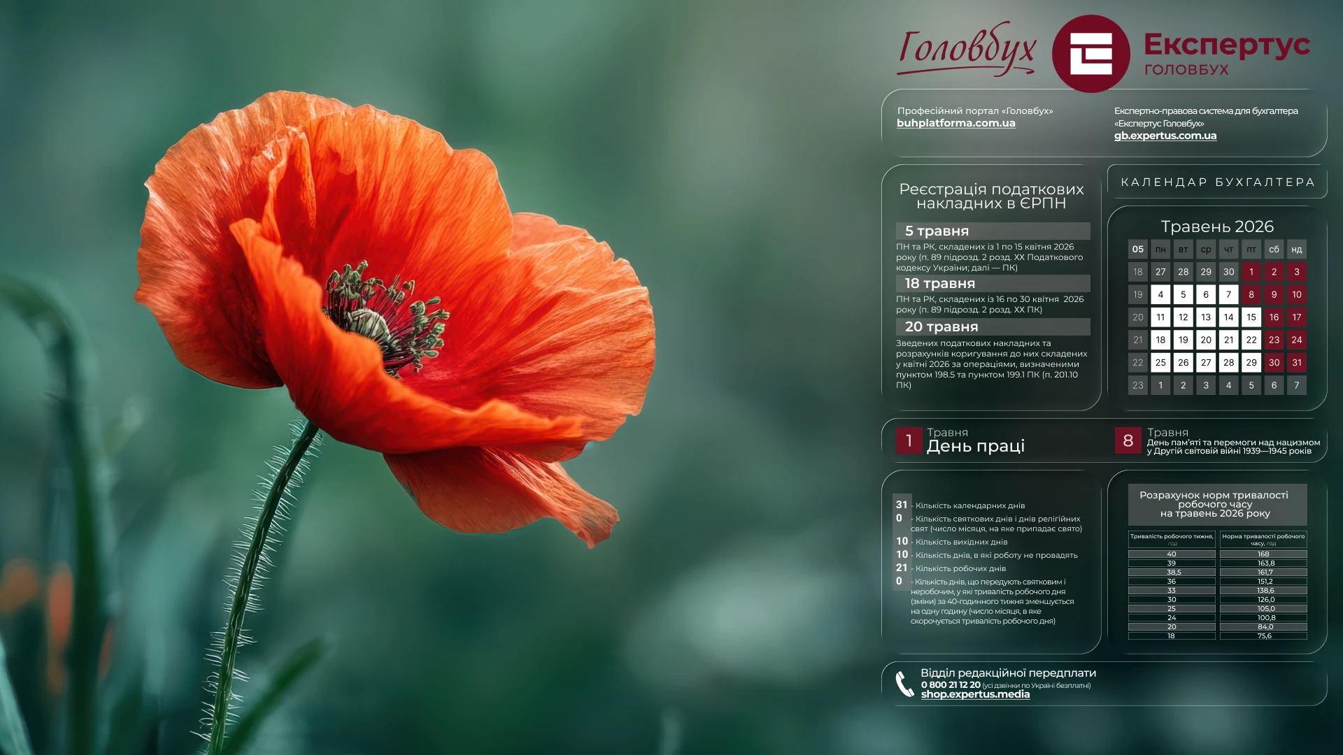 Шпалери на робочий стіл з календарем робочого часу на травень 2026
