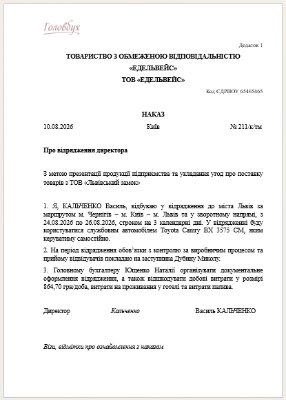 Наказ про відрядження директора: зразок