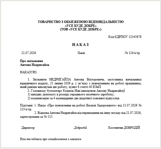 Наказ про звільнення у зв’язку з поновленням на роботі іншого працівника