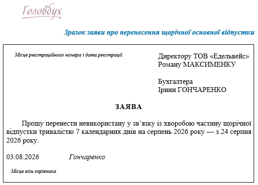 Зразок заяви про перенесення відпустки 2026